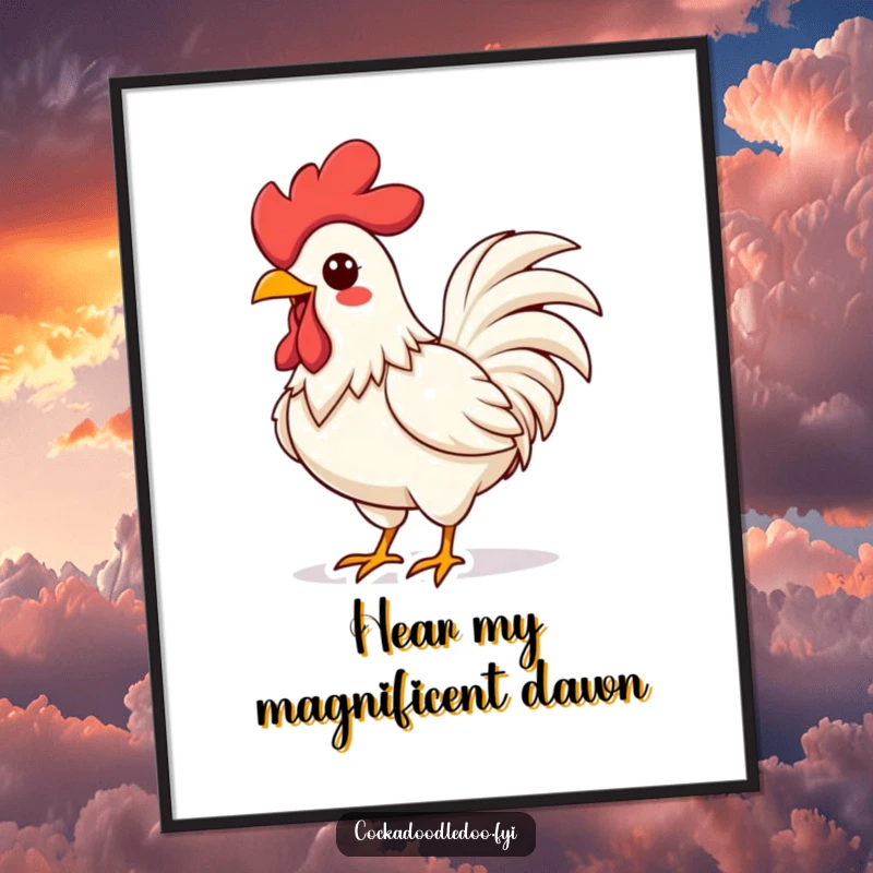 Funny Kawaii Rooster Digital Art Print: Vibrant, energetic rooster crowing, a high-resolution design for immediate humorous wall decor.