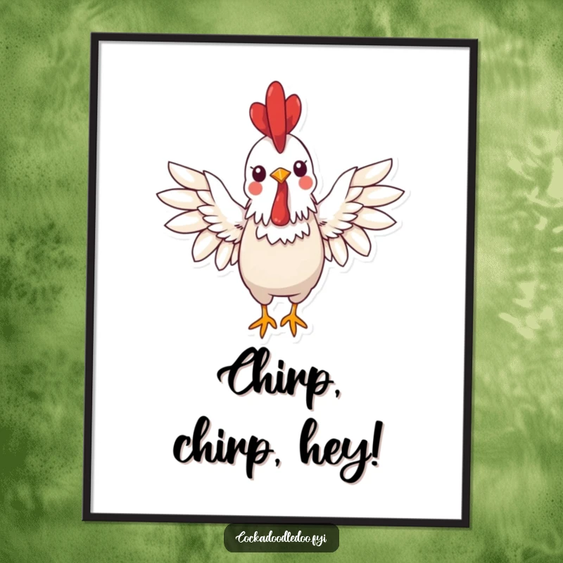 Funny kawaii rooster digital art print of a cheerful rooster with wings spread wide in a greeting, ready for download.