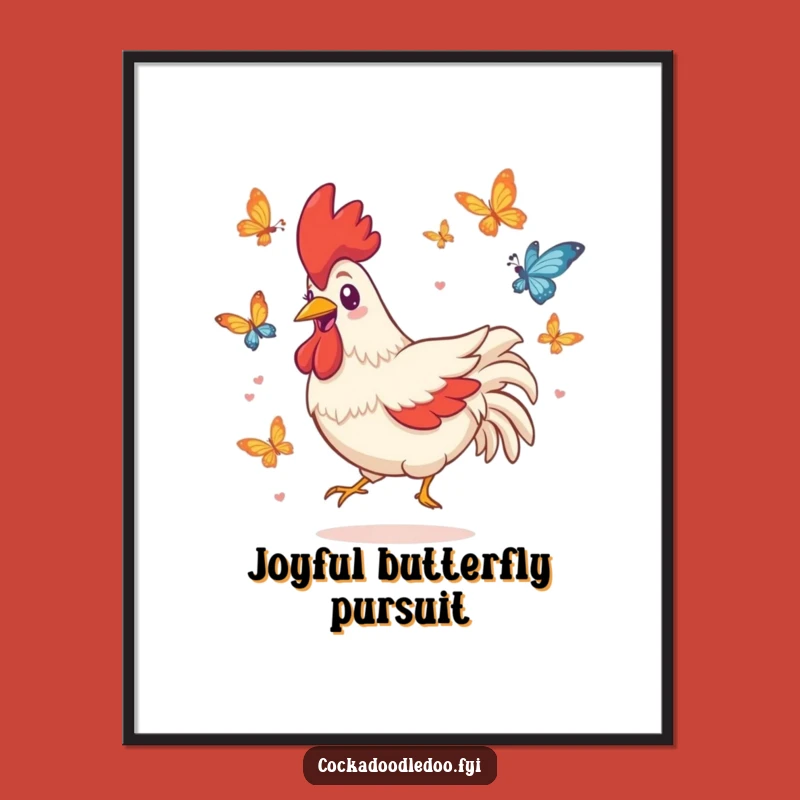 Funny Kawaii Rooster Digital Art - Playful Butterfly Chase Printable