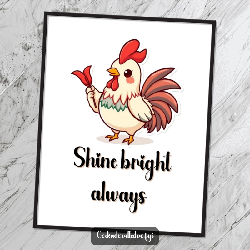 Funny digital art print of a proud Kawaii rooster character displaying a shiny red feather, perfect for stylish decor.