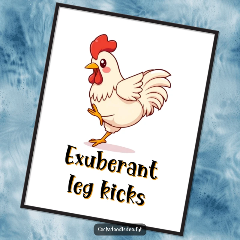 Funny Kawaii Rooster Digital Art Print of a cheerful bird kicking its legs with enthusiastic, over-the-top, and contagious energy.