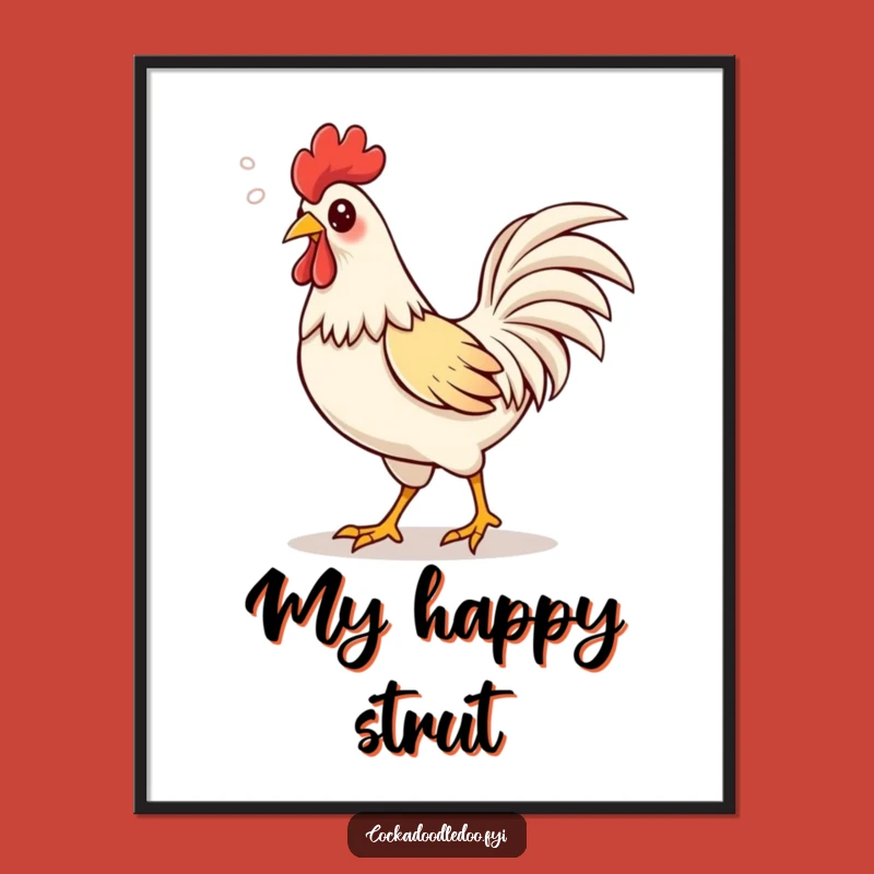 Funny Kawaii Rooster Strutting Digital Art, Instant Confident Charm for Your Walls!
