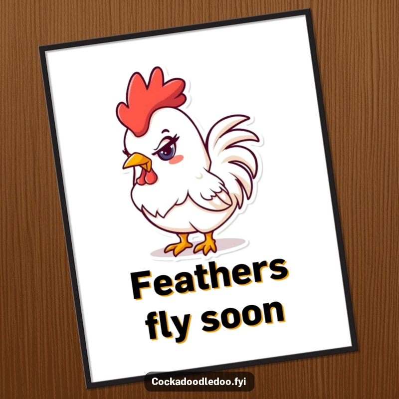 Funny mischievous kawaii rooster digital art print of a rooster with a naughty glint in its eye, ready for download.