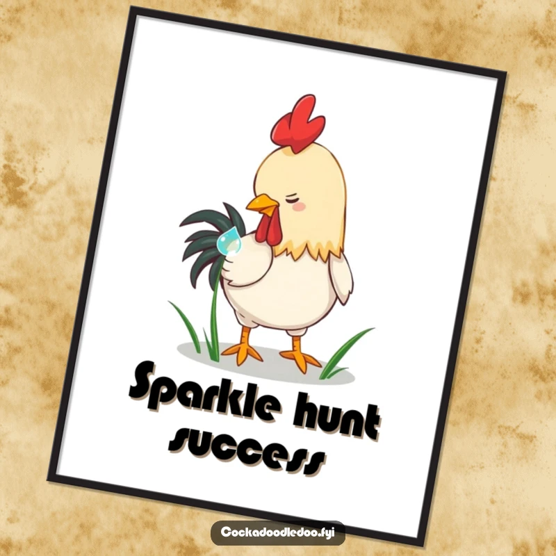 Funny playful rooster digital art print, pecking a dewdrop on grass. Instant whimsical decor, great for nature lovers as a funny gift.