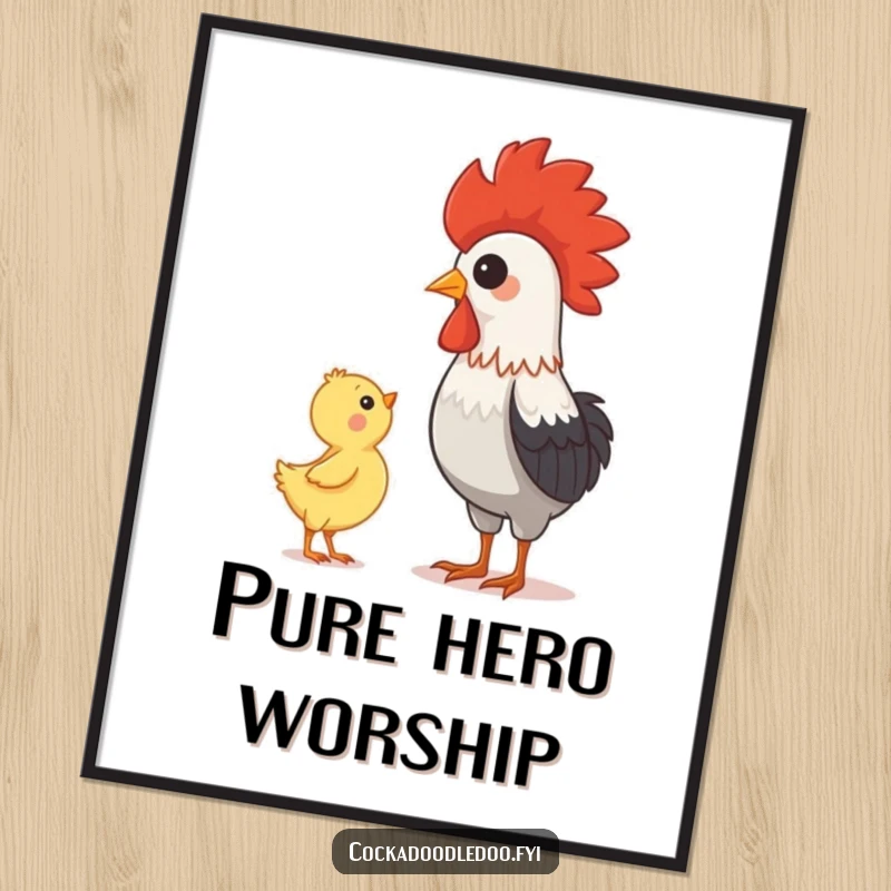 Funny rooster and chick artwork, symbolizing admiration and mentorship, available as an instant digital art print for wall decor.