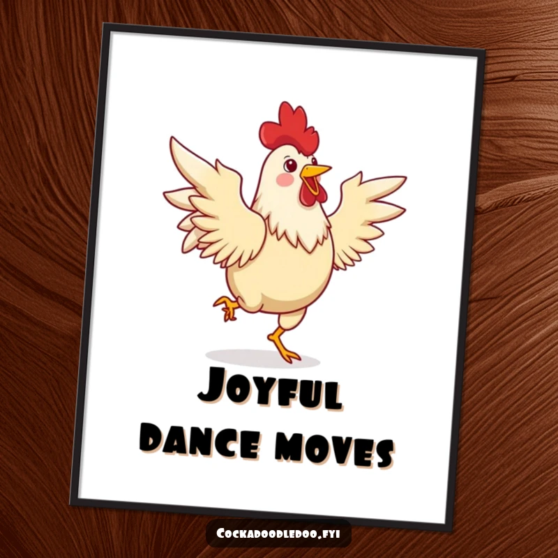 Funny digital art print of a joyful rooster dancing a lively jig with its wings spread, offering instant, downloadable energy and celebration.