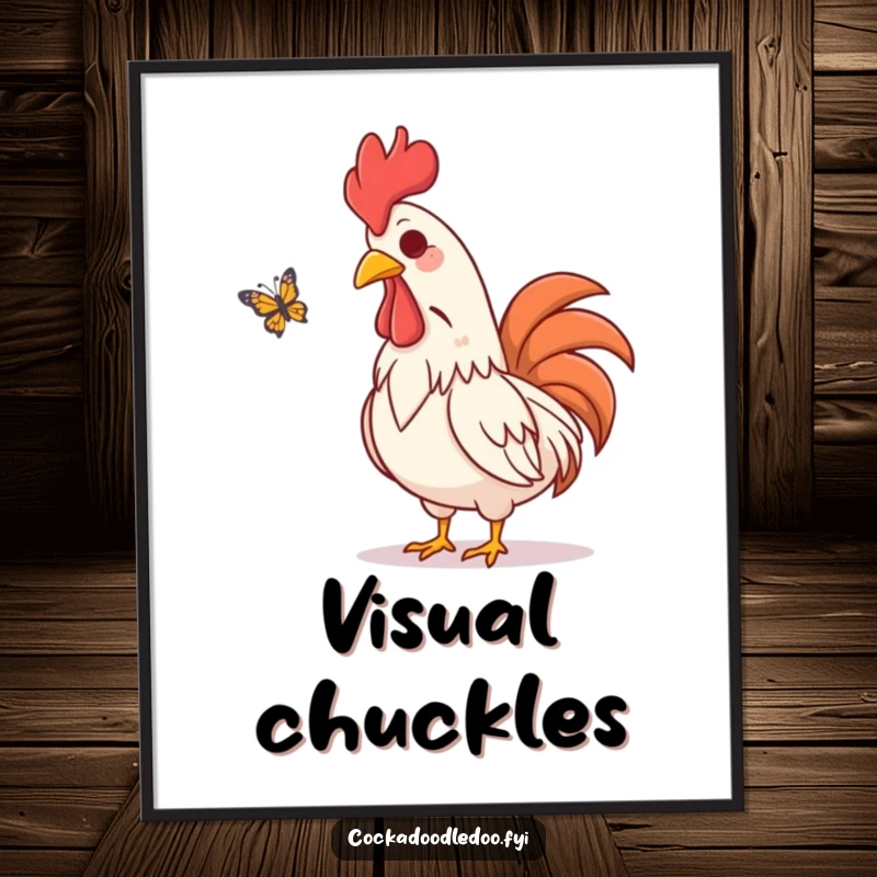 Funny digital art print of an amused rooster character visually chuckling while watching a butterfly flutter by, ready for download.