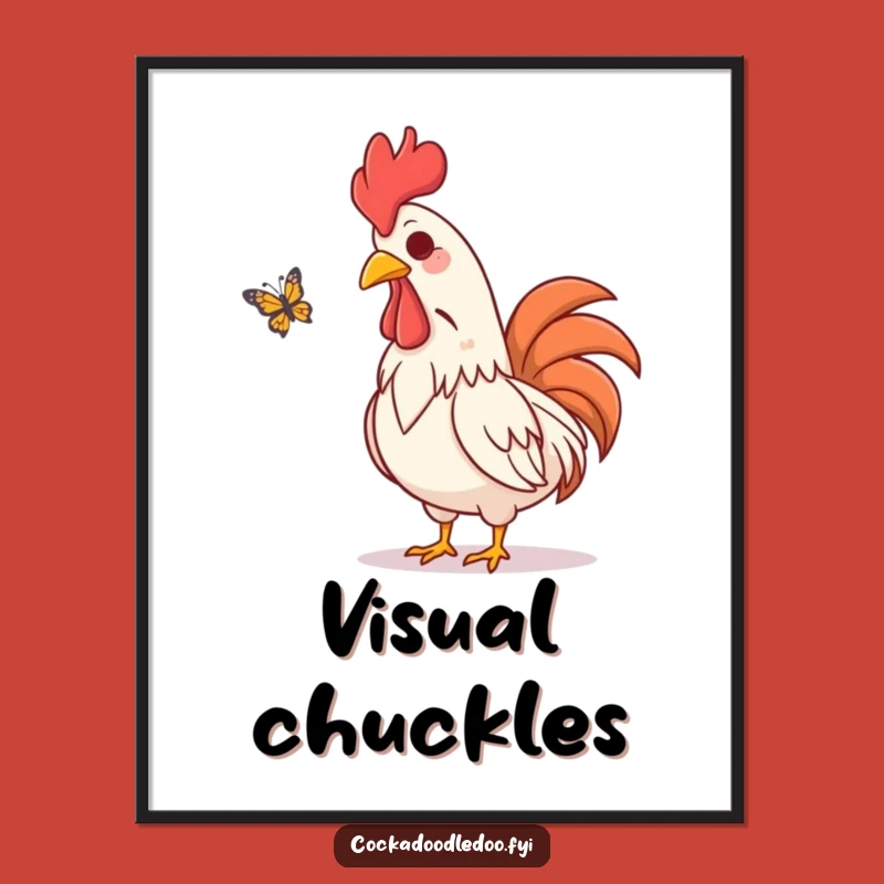 Funny Rooster Digital Art: Amused Butterfly Watcher Print