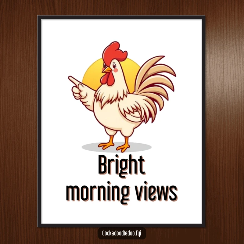 Funny rooster digital art of an enthusiastic rooster pointing towards a sunrise, downloadable for screens.