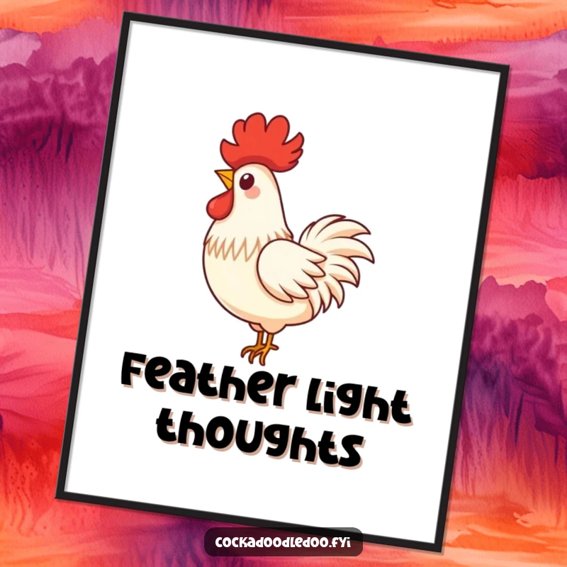 Funny digital art print of a single, proud rooster feather in a playful swirl, gracefully floating down, serene humor.