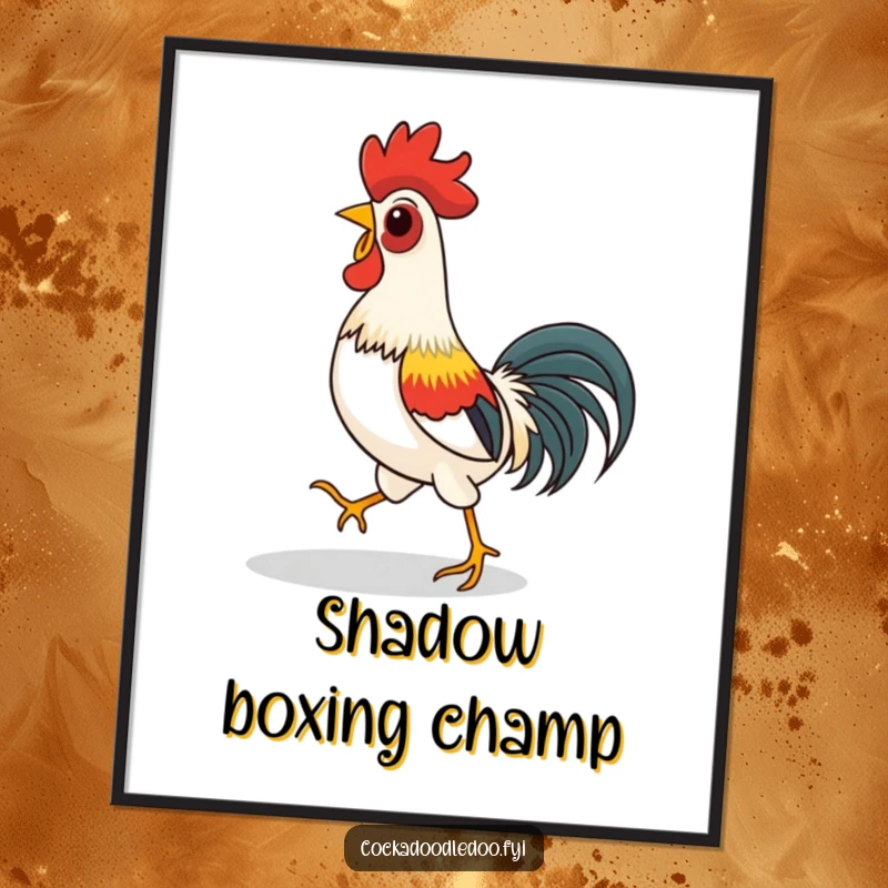 Funny digital art print of a rooster playfully chasing its shadow, conveying silliness and lighthearted fun for decor.