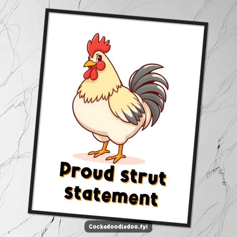 Funny digital art print of a rooster strutting with its chest puffed out, radiating confidence and pure, unadulterated joy.