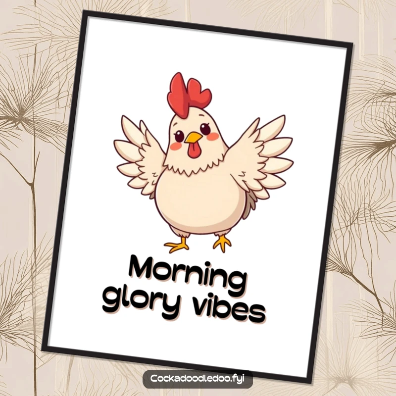 Funny digital art print of a plump, cute rooster with a cheerful expression stretching its wings wide. Full of morning spirit.