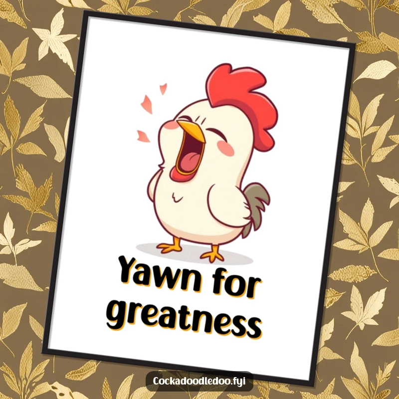 Funny digital art print of a rooster caught in a colossal, comical yawn, eyes closed, perfect for relaxing decor.