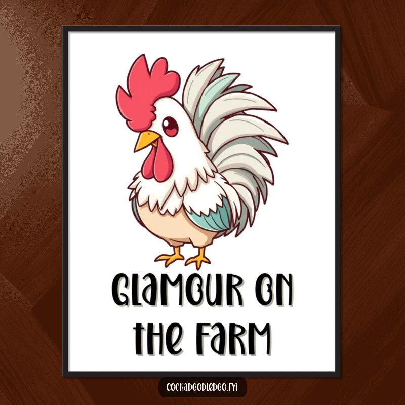 Funny digital art print of a glamorous rooster with a feathered boa, looking amused, ideal for a fabulous and humorous statement.