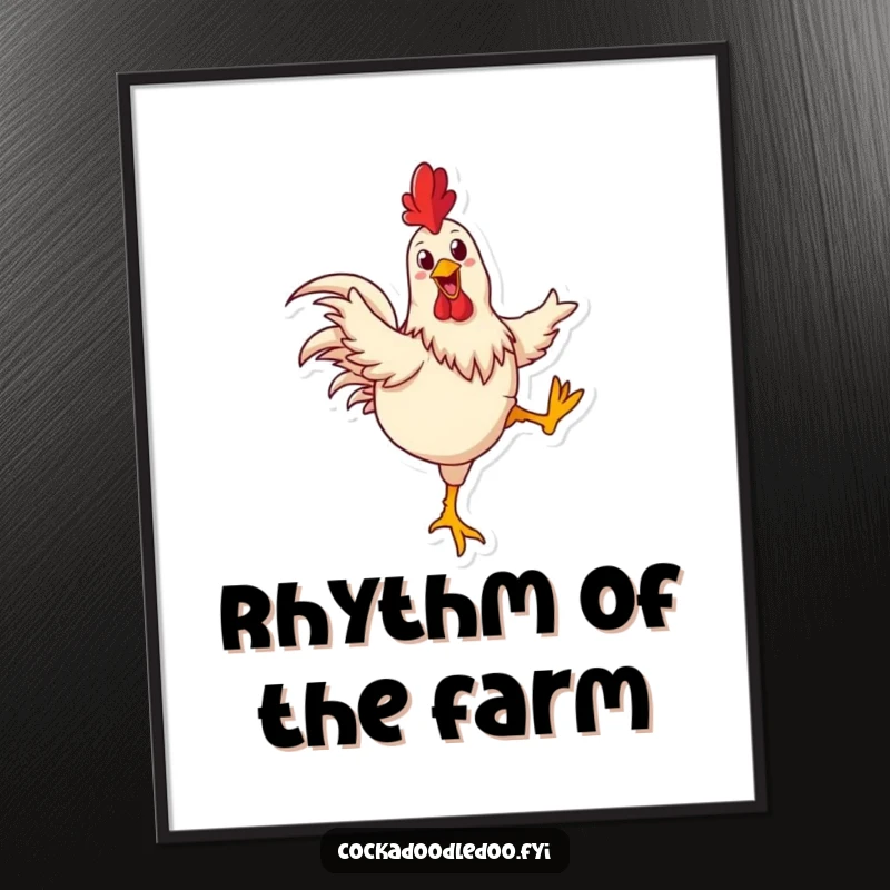 Funny rooster digital art print of a happy rooster joyfully kicking its legs in a dance, conveying pure fun.