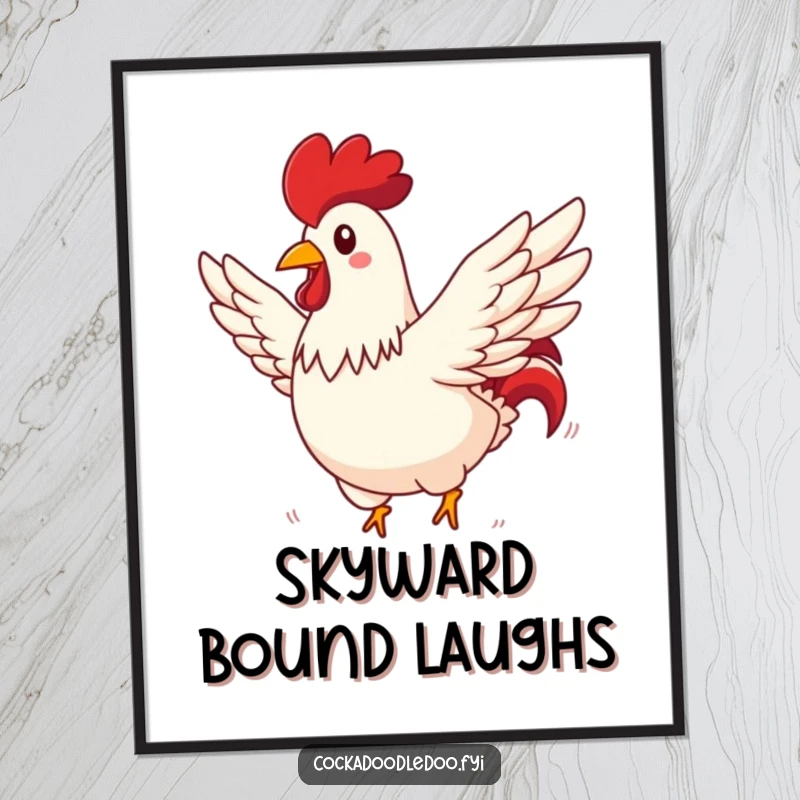 Funny rooster digital art print of a rooster comically flying through a sunny sky, wings spread wide, conveying humor.