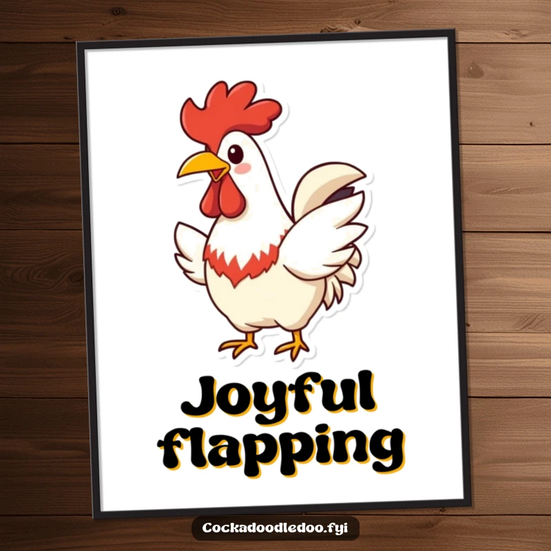 Funny Rooster Digital Art Print, wide cheerful beak, flapping wings happily, humorous wall art.