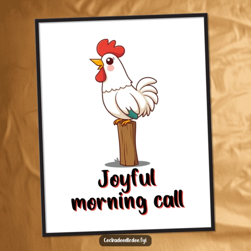 Funny Kawaii rooster joyful digital art print showing a cute rooster perched on a fence, head thrown back in a loud crow.