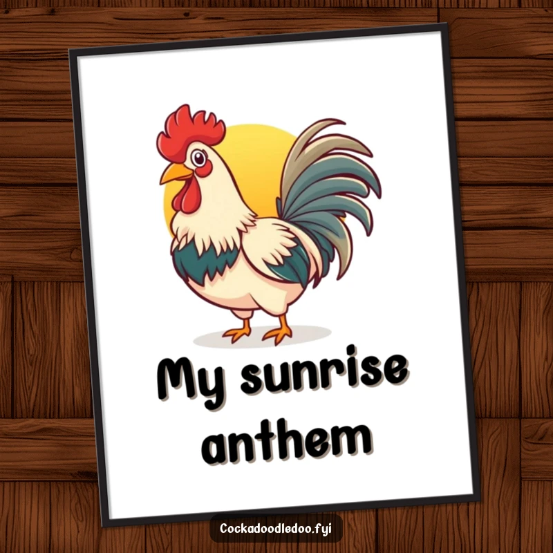 Funny rooster digital art print of a cheerful bird crowing at the golden sunrise, perfect for instant download.