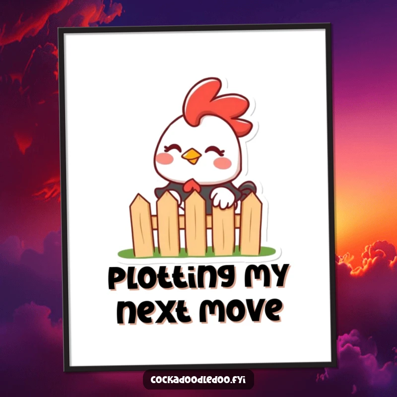 Funny Kawaii Rooster Digital Art Print: Mischievous rooster peeking with a wink, a high-resolution design for humorous wall decor.