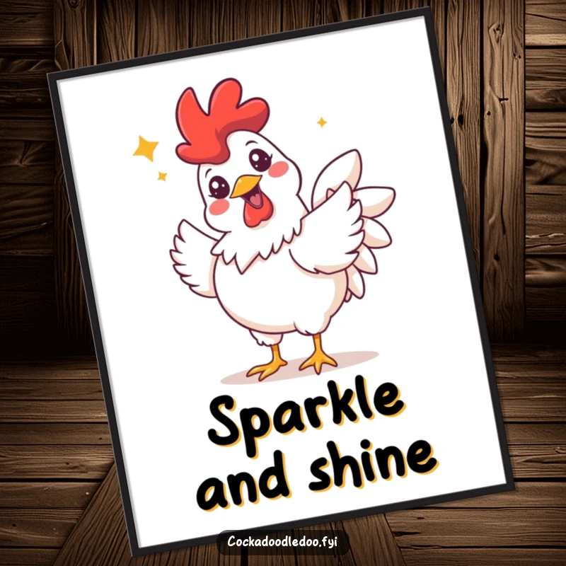 Funny digital art print of a rooster with a wide grin and sparkling eyes, joyfully performing an ecstatic celebratory flutter.