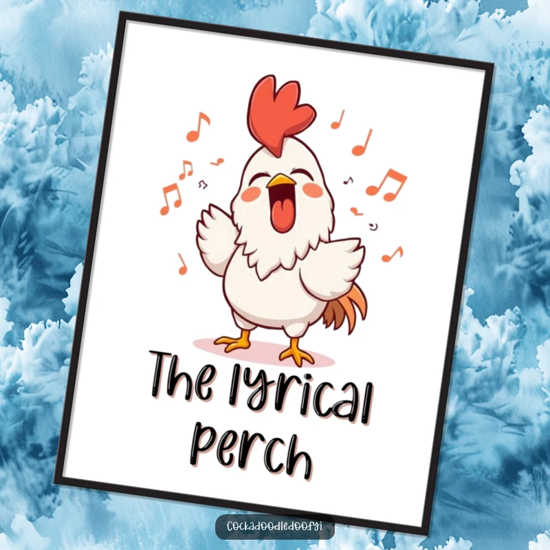 Funny rooster digital art print capturing a character singing loudly with a beaming smile, surrounded by musical notes, perfect for vibrant decor.