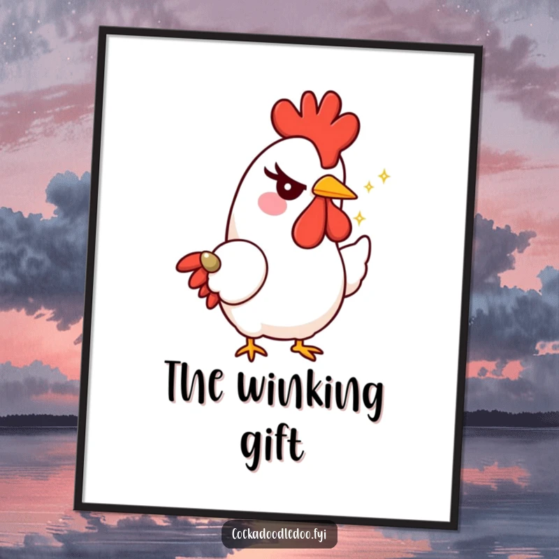 Funny rooster digital art print capturing a character with a mischievous wink, offering a tiny, sparkling seed, perfect for charming decor.