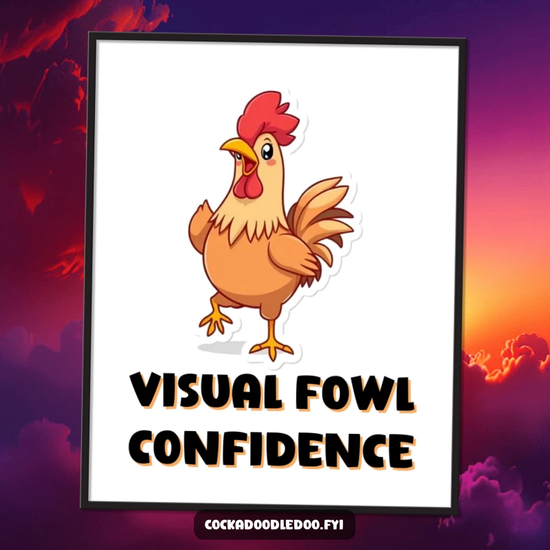 Funny Kawaii Rooster Digital Art Print: High-resolution artwork of a cute rooster strutting confidently, beak wide in a joyous expression.