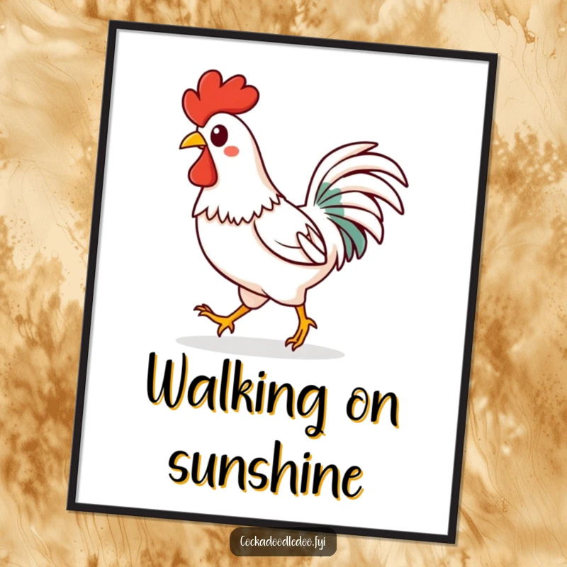 Funny Kawaii rooster digital art print of a happy character strutting confidently with a springy step. Joyful and vibrant.