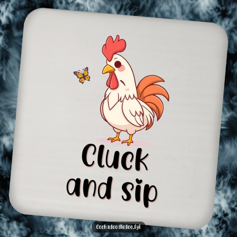 Funny drink coaster with an amused rooster character visually chuckling while watching a butterfly flutter by, protecting surfaces with charm.