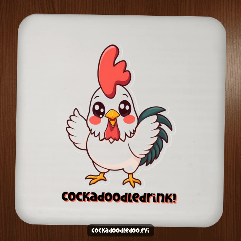 Funny kawaii rooster crowing with gusto, showcased on protective drink coasters for a touch of cheerful decor.