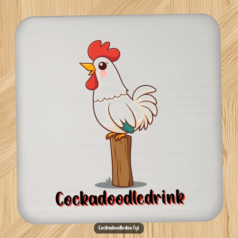 Funny Kawaii rooster drink coasters showing a cute rooster perched on a fence, head thrown back joyfully crowing, adding bold amusement.