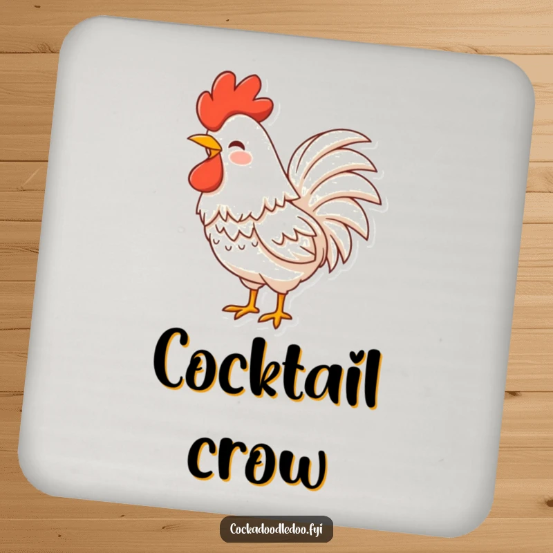 Funny Rooster Drink Coaster showing a character with fluffy tail feathers shaking with laughter, protecting surfaces with charm.