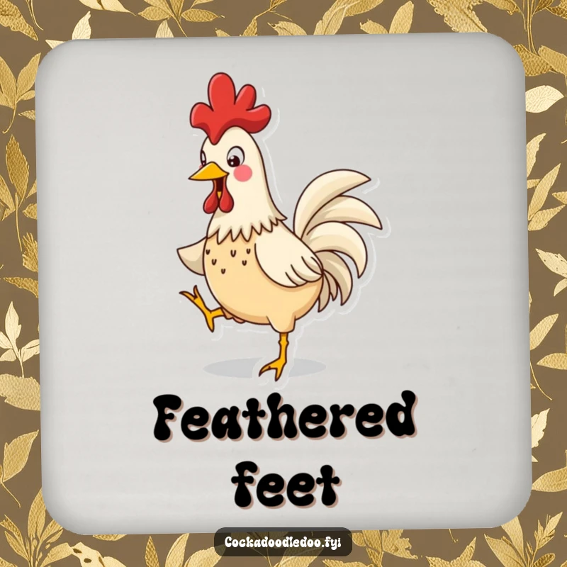 Funny Rooster Jig Drink Coaster: A coaster with a funny rooster doing a jig, comb bobbing happily.