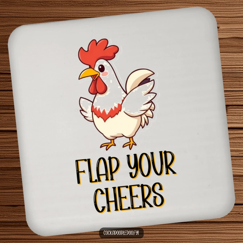 Funny Rooster Coaster, showing wide cheerful beak and flapping wings happily, protecting surfaces with humor.