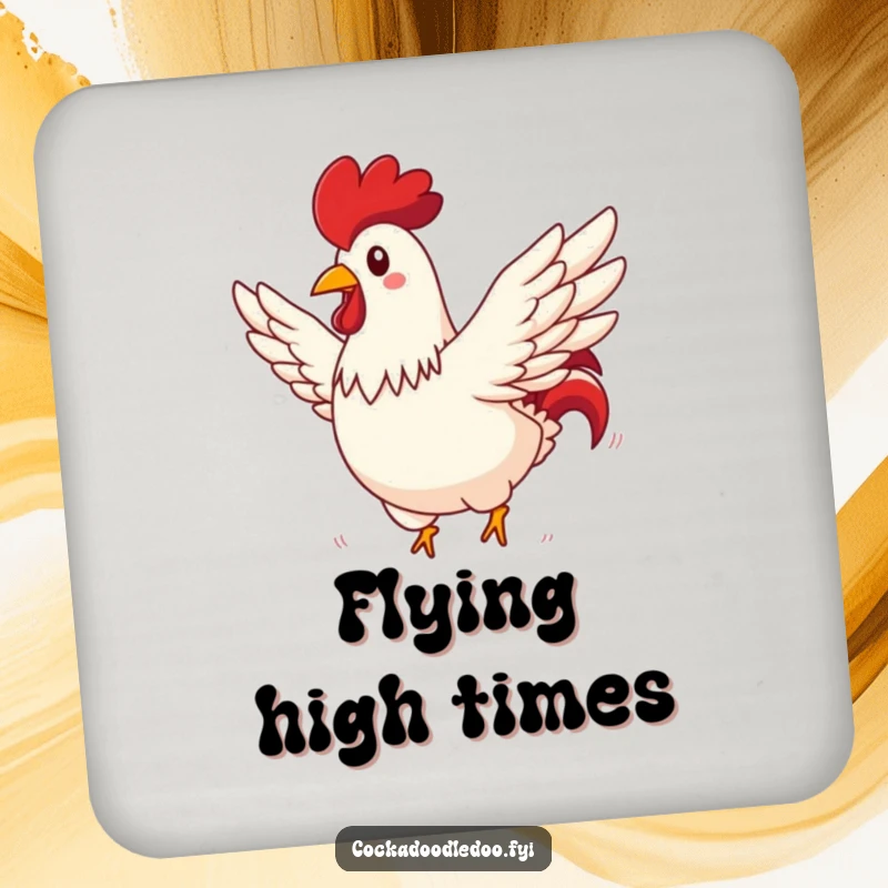 Funny rooster coaster showing a rooster comically flying through a sunny sky, wings spread wide, adding fun.