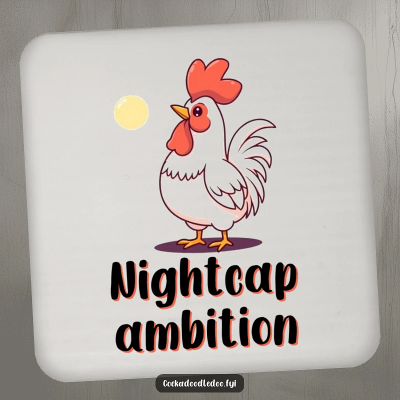 Funny drink coaster displaying a determined rooster crowing at a tiny moon, embodying persistent ambition.