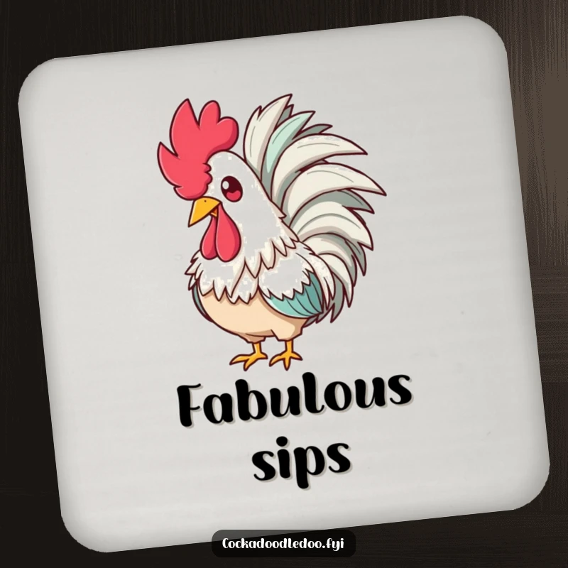 Funny drink coaster featuring a glamorous rooster with a feathered boa, adding fabulousness and amusement to surface protection.