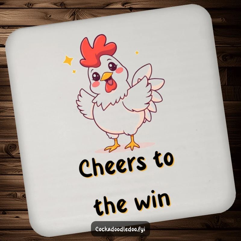 Funny drink coaster with a rooster sporting a wide grin and sparkling eyes, doing a celebratory flutter, fun for any drink.