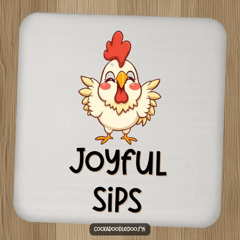 Funny drink coaster featuring a stylized rooster with an exaggerated joyful expression, adding cheer and humor to surfaces.