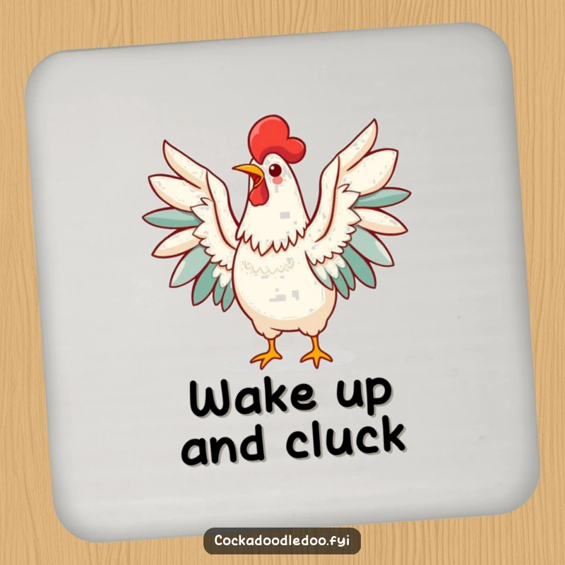 Funny Kawaii Rooster Coaster featuring a happy bird mid-crow, wings spread, guarding your drinks with morning cheer.