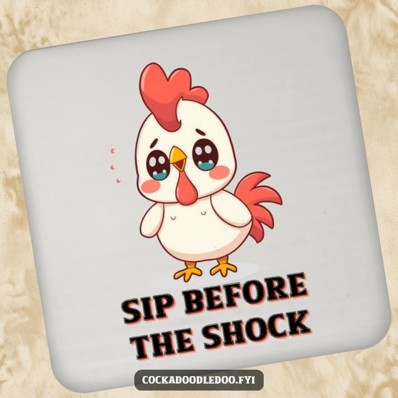 Funny Kawaii Rooster Coaster: Surprised rooster with wide eyes, a humorous and practical table accessory.