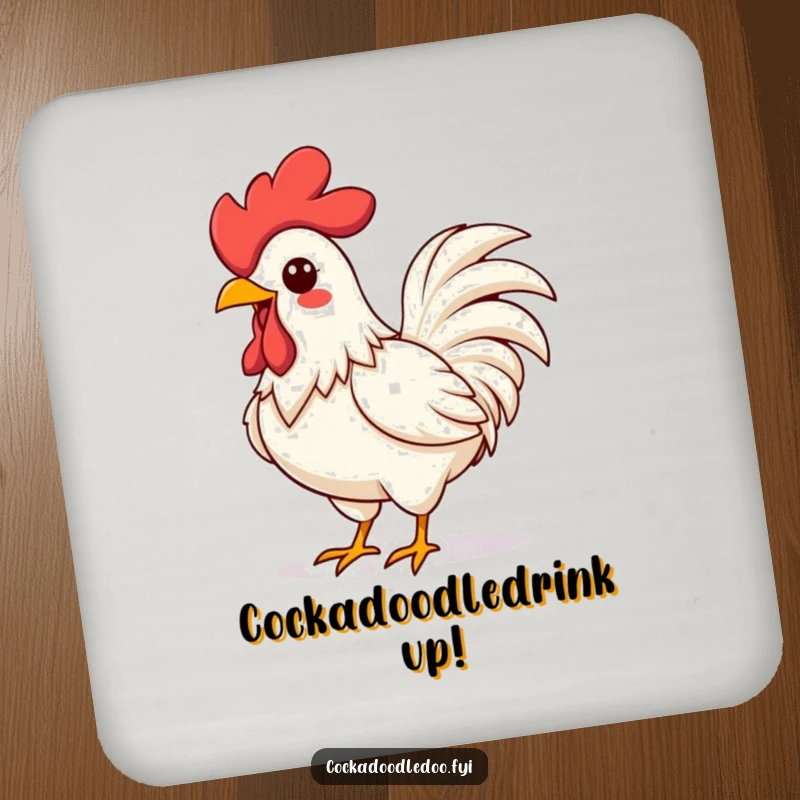 Funny Kawaii Rooster Coaster: Vibrant art of an energetic rooster crowing, a humorous and practical table accessory.