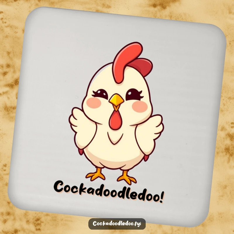Funny Kawaii Rooster Coaster featuring a cute cartoon chicken winking with a knowing smile, protecting surfaces with humor.