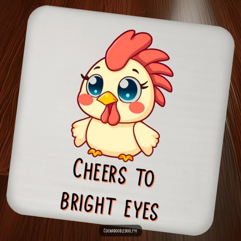 Funny Kawaii Rooster Coaster showing a happy bird with wide, bright eyes, beaming with infectious morning cheer while protecting your table.