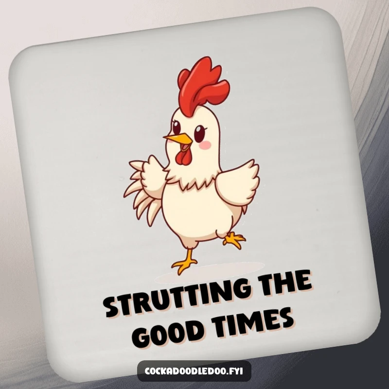 Funny rooster drink coaster featuring a cheerful character rooster with comb held high, doing a joyful little strut.