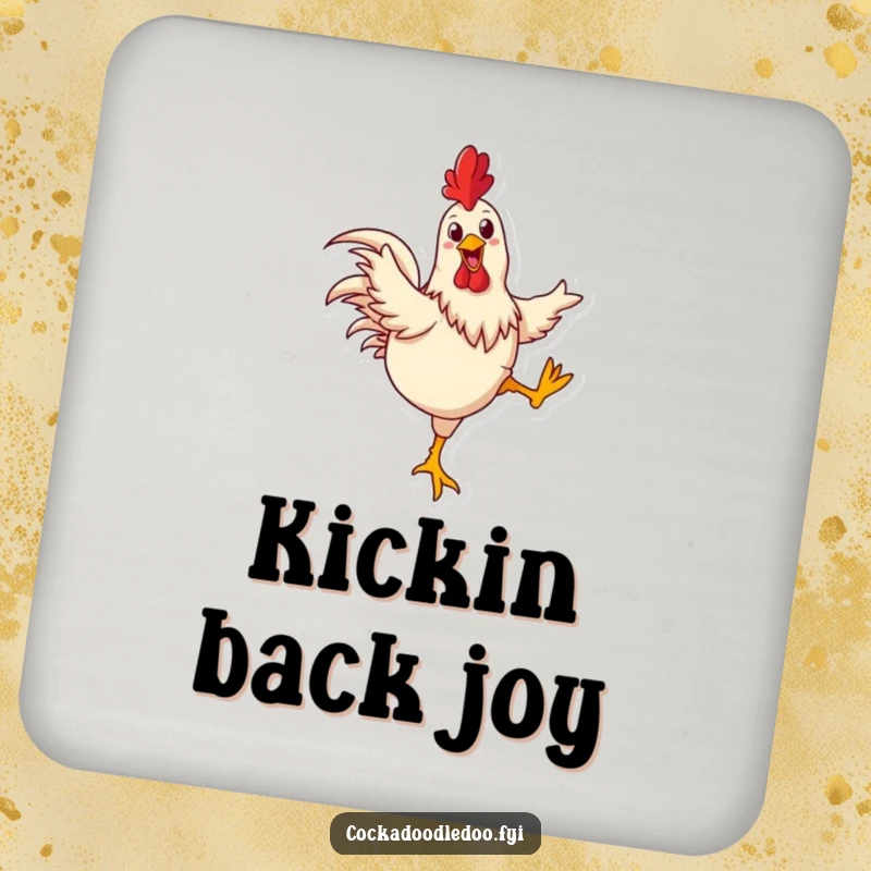 Funny rooster coaster showing a happy rooster joyfully kicking its legs in a dance, adding cheerful fun.