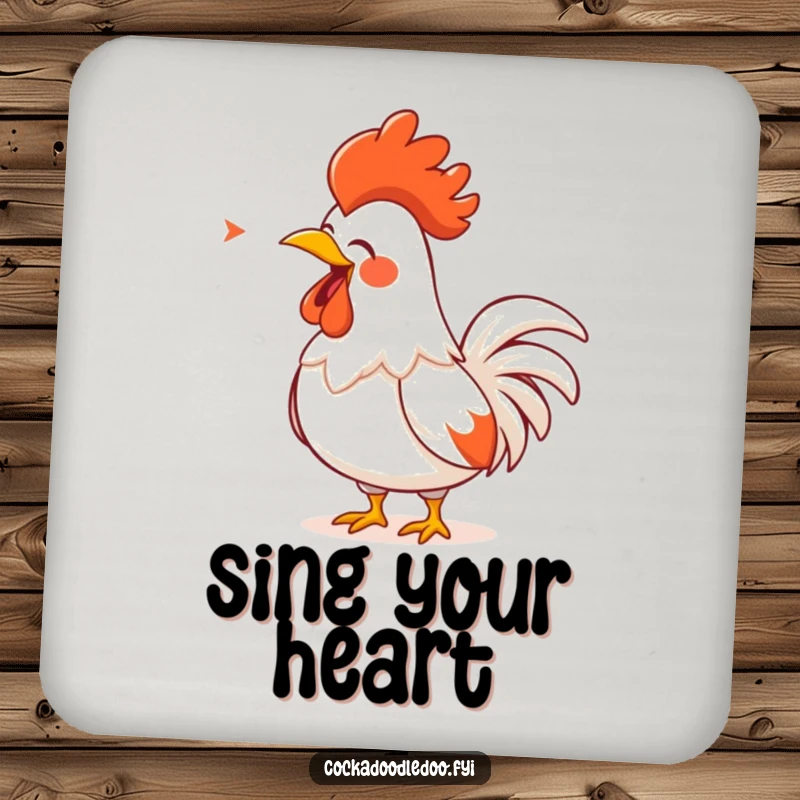 Funny Rooster Coaster: A cartoon rooster with a golden comb, singing loudly, protecting surfaces with humorous flair.