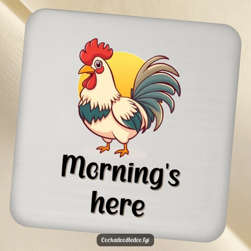 Funny rooster coasters featuring a cheerful bird crowing at the sunrise, protecting surfaces with humor.